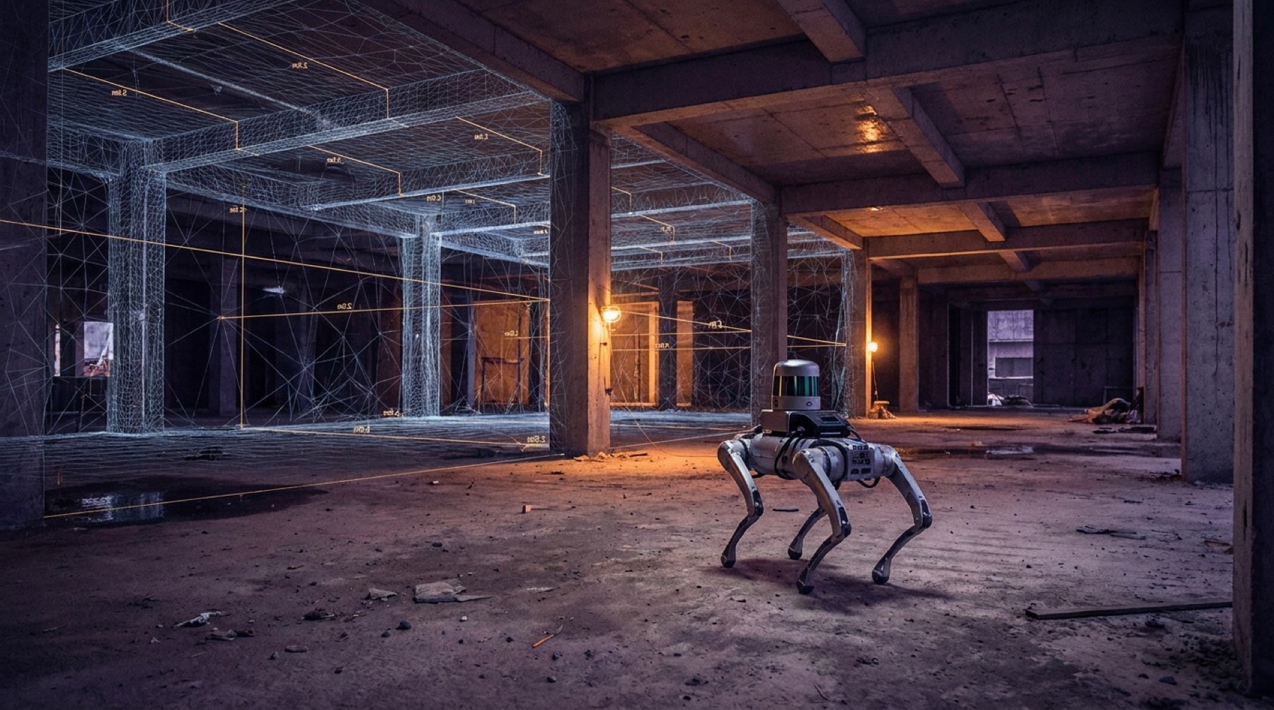 WOLKER robot worker scanning a building shell, thermal scan sweeping across the structure