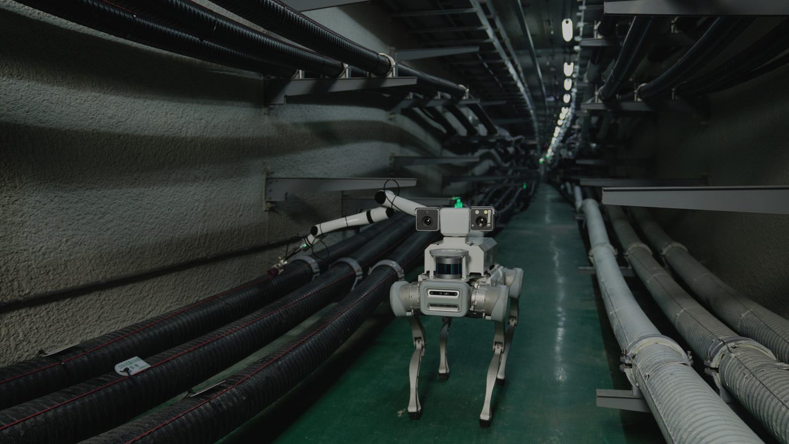 Inspection quadruped walking a cable tunnel between pipe racks