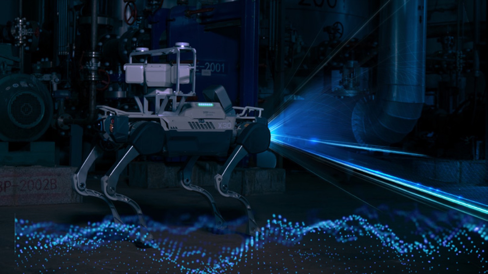 DEEP Robotics X30 Pro scanning an industrial plant with LiDAR in darkness